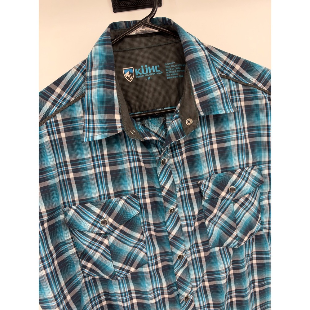 KUHL Eluxur Shirt Mens Medium Blue Plaid Excellent Short Sleeve Pearl Snap Front
